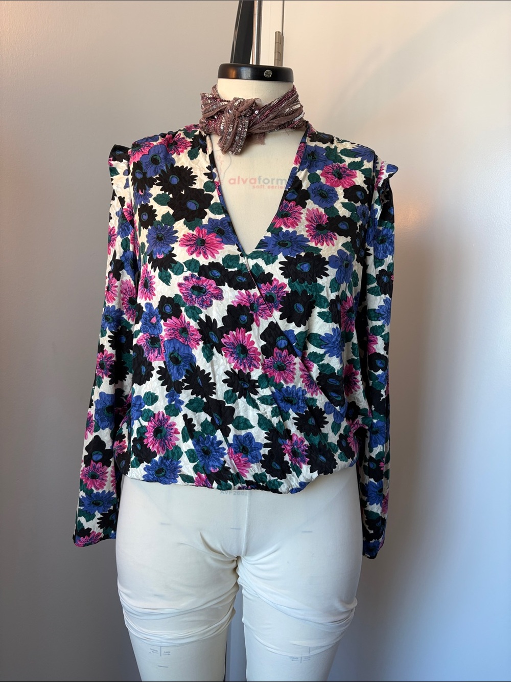 Veronica Beard Floral Surplice Blouse in White, Pink & Blue